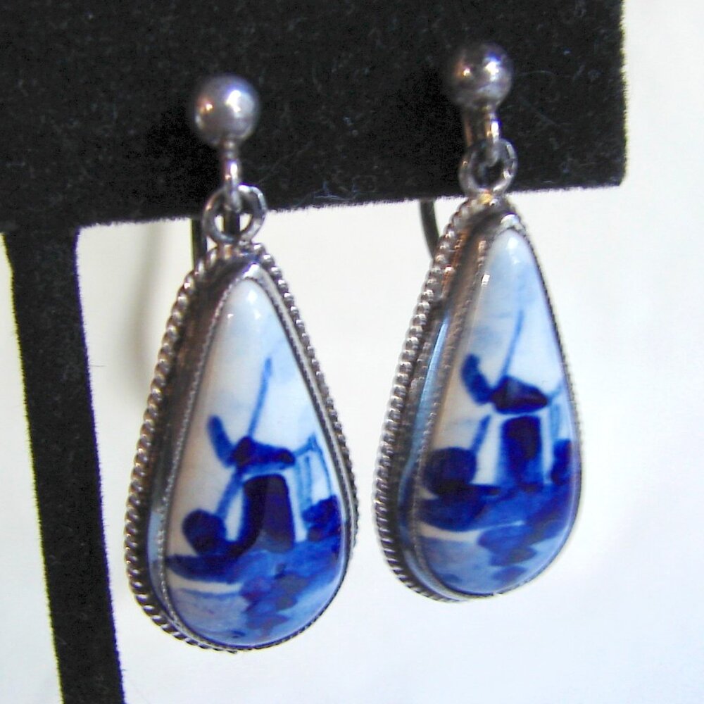 Sterling 835 Silver Delft Blue Windmill Drop/Dangle EARRINGS, Signed F54b